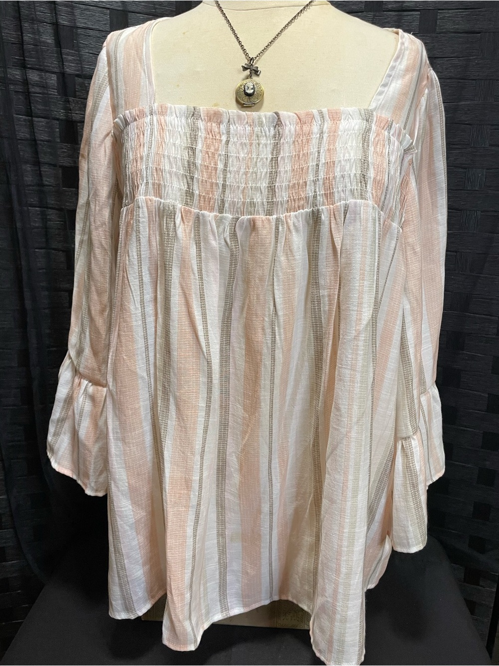 Peach & White Striped Smocked Square-Neck Tunic